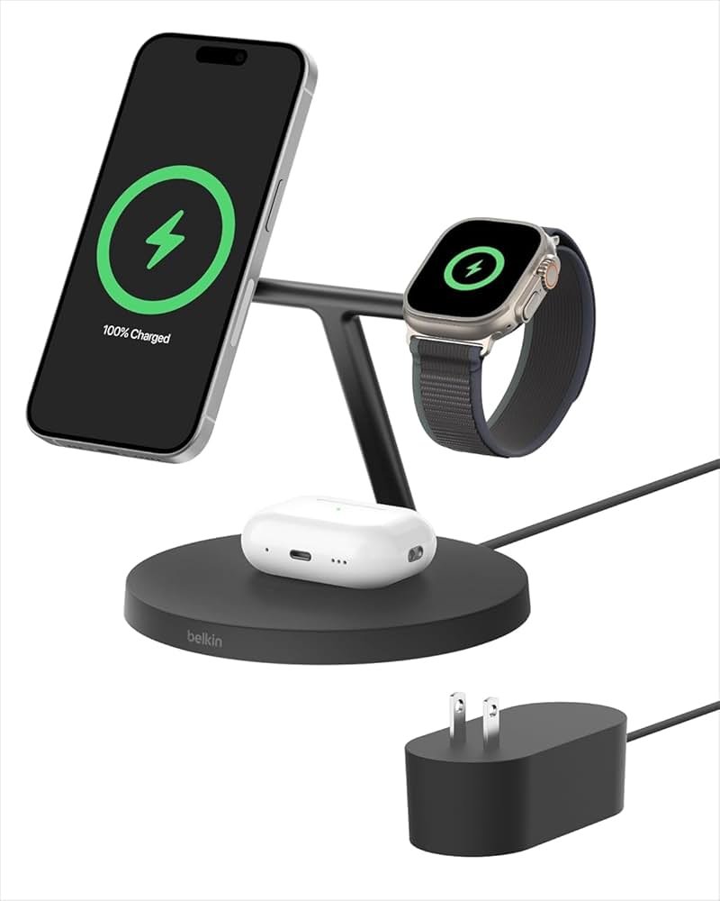 Belkin MagSafe-Compatible iPhone Charger, 3-in-1 Wireless Charging Station, Qi2-Certified 15W Wireless Charge for Apple iPhone 17 Series, Apple Watch, AirPods w/Non-Slip Base, 40W Included - Black - Product Image