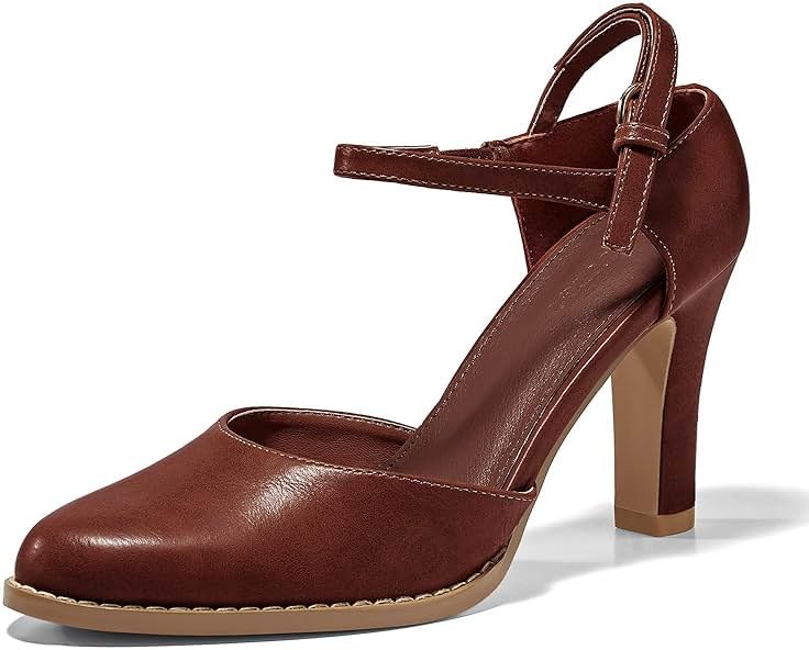 Coutgo Womens Chunky High Heels Closed Pointed Toe Ankle Strap Pumps Vintage D'Orsay Dress Party Shoes - Product Image