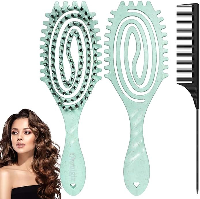 Curl Defining Hair Brush for Curly Hair Fast Blow Drying Styling Hairbrush | Boar Bristle Hair Brush Gentle Detangling for Women Girls Long Wavy Thin Fine Hair Wet Dry Use, Smoothing Hair No Tangle - Product Image