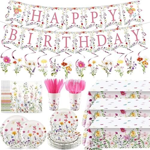 Teenyyou 148 Pcs Wildflower Party Decorations Flower Happy Birthday Baby Shower Banner Disposable Tablecloths Plates Cups Napkins Forks Spoons Floral Party Decor for Spring Birthday Decorations - Product Image