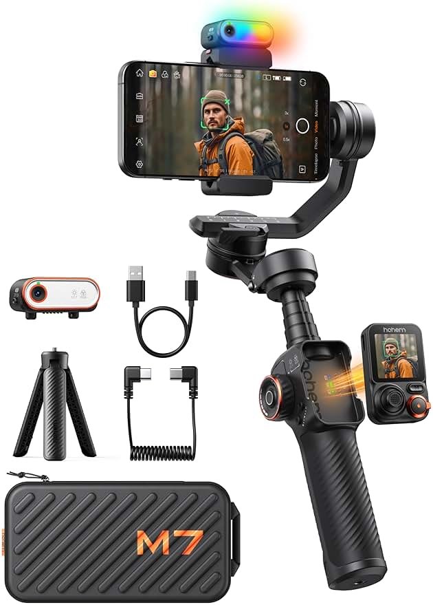 Hohem iSteady M7 Smartphone Gimbal Stabilizer, AI Tracking Sensor with Fill Light, 1.4" Full Color Detachable Touchscreen Remote Control, Built-in Extension Rod, 3-axis Phone Gimbal for iPhone Android - Product Image