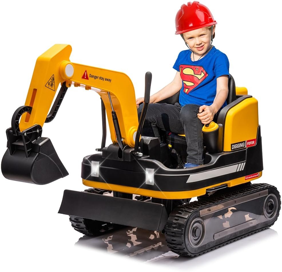 JOYLDIAS 360 Degree Rotating Ride On Excavator and Bulldozer,12V12AH Battery Powered Ride On Toy Backhoe W/Track Design Wheels for All Terrain,Remote Control,MP3,Toolbox for Kids,Parent,Yellow - Product Image