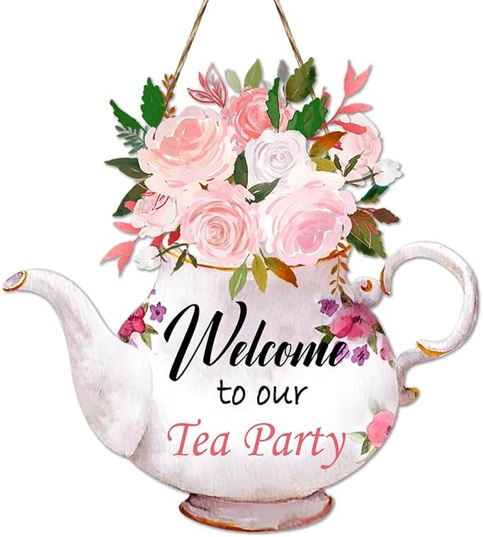 CANIPHA Tea Party Decorations Door Sign, Colorful TeaPot-Shaped Tea Party Decor Hanging Door Plaque Floral Themed Welcome Sign for Party, Tea Party Decors for Women Home Front Door Tea Party Supplies - Product Image