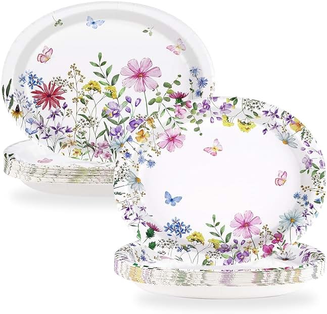 50Pcs Wildflower Oval Paper Plates 10" x 12" Heavy Duty Disposable Watercolor Flowers Butterfly Party Plates Spring Floral Dessert Platters for Wedding Baby Shower Birthday Picnic Tea Party Supplies - Product Image