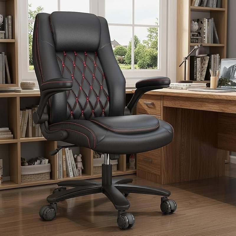 lavimiya Executive Office Chair with Rubber Wheels, Big and Tall Office Chair 400LBS, High Back Leather Computer Desk Chair with Flip-up Armrests and Lumbar Support, Black - Product Image