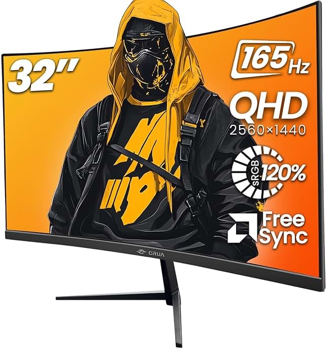 CRUA 32" Curved Gaming Monitor, 2K QHD 2560x1440, 144Hz/165Hz VA Display, 1800R Screen, 120% sRGB, AMD FreeSync, Low Blue Light, HDMI& DP, Wall Mountable PC Monitor for Gaming, Streaming & Work- Black - Product Image