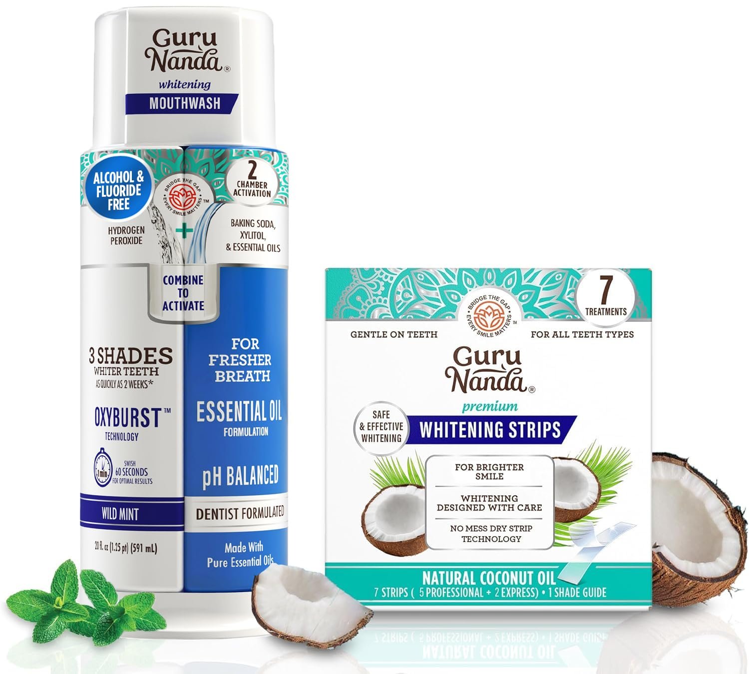 GuruNanda Whitening Wonder Duo, Dual Barrel Oxyburst Whitening Mouthwash 20 Oz & Teeth Whitening Strips with No Slip, Dry Strip Tech, 7 Day Treatments - Product Image