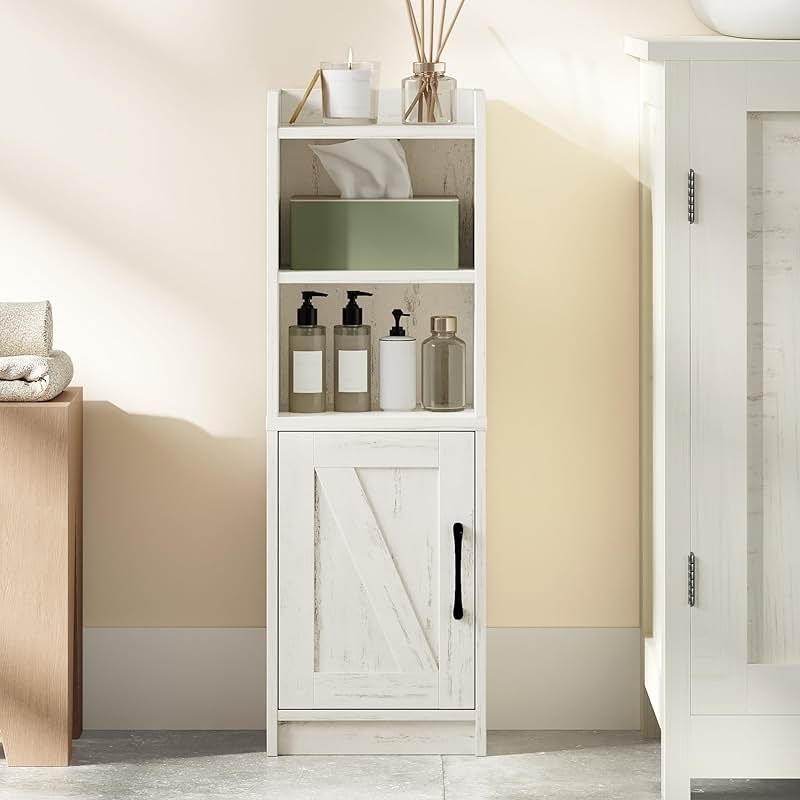 Hzuaneri Bathroom Storage Cabinet, Small Farmhouse Corner Floor Cabinet with Door and Shelves, Narrow Toilet Paper Holder Stand, Bathroom Organizer with Adjustable Shelf, for Small Spaces,Rustic White - Product Image
