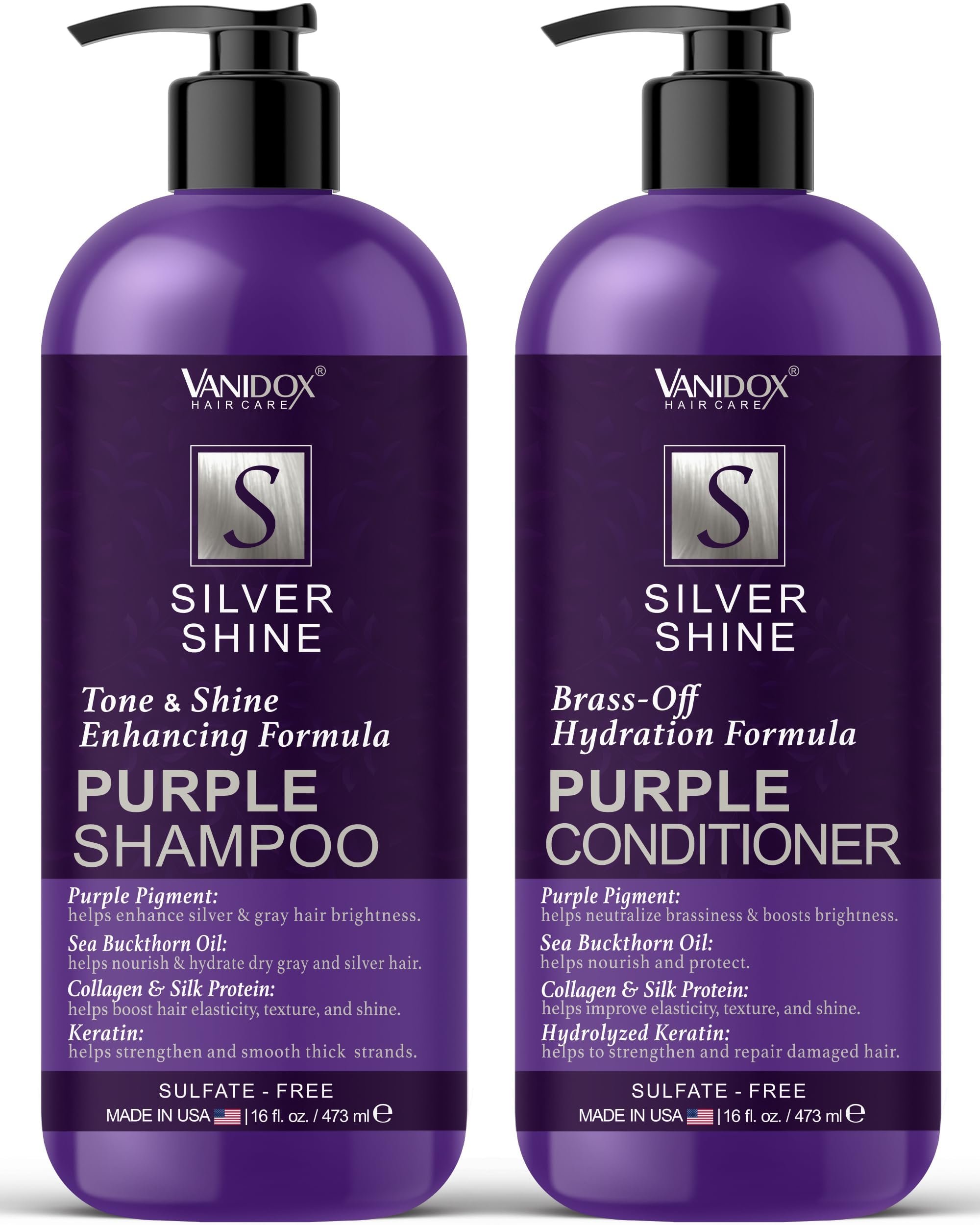 VANIDOX Sulfate Free Brass Toning Purple Shampoo and Conditioner Set for Grey and Silver Hair, Moisturizing & Color-Safe, Enhances Shine & Brightness, Made in USA (16 fl oz each) - Product Image