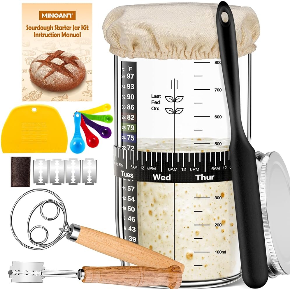 Glass Sourdough Starter Kit with Cloth Cover & Metal Lid, Tracker Band, Thermometer, Jar Scraper, Lame, Dough Whisk, Bread Baking Supplies - Product Image