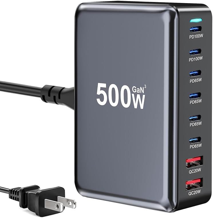 500W USB C Fast Charger Block, Multi-port USB Charging Station, GaN Ⅲ Double 100W PD PPS Port Fast Charging Station for Multiple Devices,Laptop Wall Charger Compatible with MacBook, iPhone 17,iPad etc - Product Image