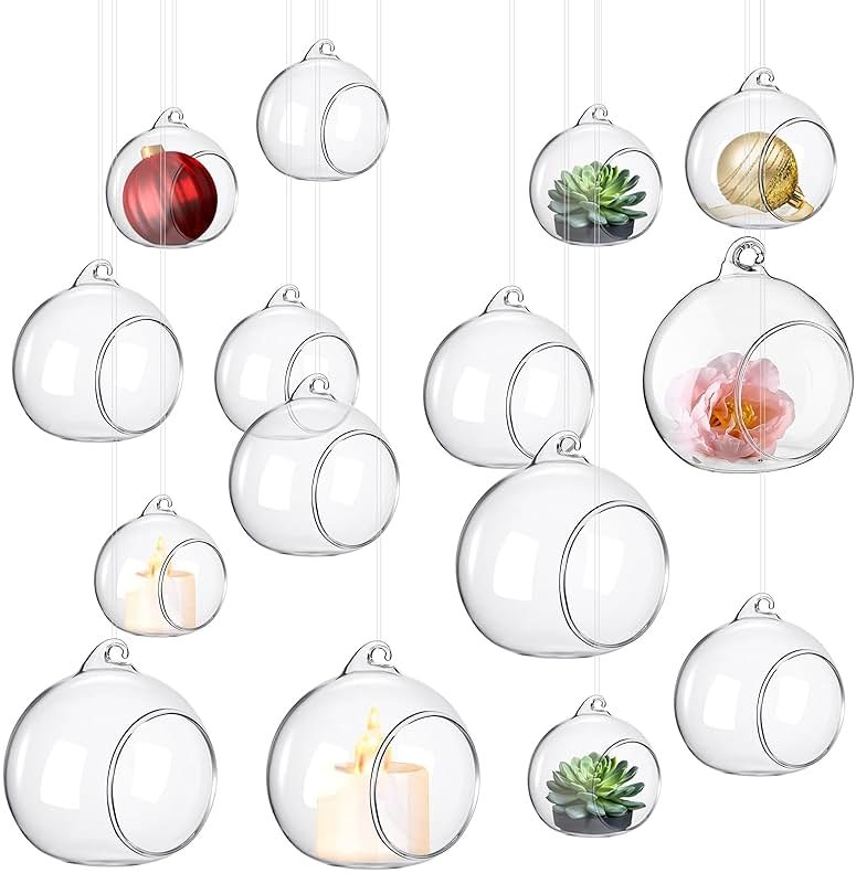 GlikCeil 24 Pcs 5.3'' 3.9'' 3.15'' Hanging Glass Tealights Candle Holder Large Globes Fillable Plant Clear Terrarium Orbs Air Plants Holder with Fishing Line Wedding Centerpiece Tree Decor - Product Image