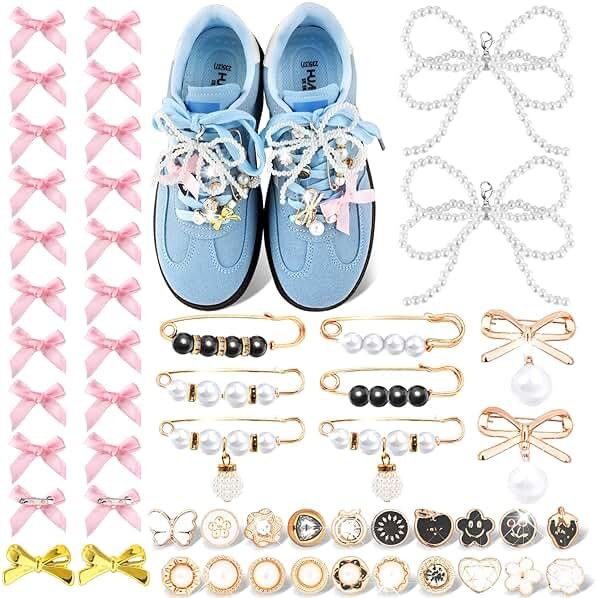 52Pcs Shoe Charms for Sneakers Bow Shoe Lace Charms Junk Sock Jewelry Kit for Women DIY Accessories Rhinestone Brooch Buttons Pearl Flower Clips Safety Pin Gold for Sneaker Hat Clothes Decoration - Product Image