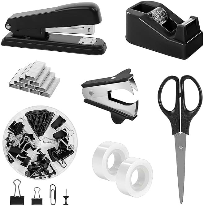 SKYDUE Black Office Supplies Set, Black Desk Accessories, Stapler, Tape Dispenser, Scissors, Binder/Paper Clips and 1000pcs Staples, Desk Supplies Set - Product Image
