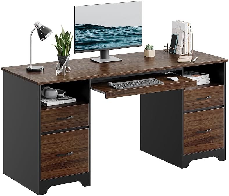 Bestier 59” Computer Desk with 4 Drawers, Office Desk with Storage, Industrial Executive Desk with File Drawer, Keyboard Tray & 2 Pedestals for Home Office & Studio, Cherry - Product Image