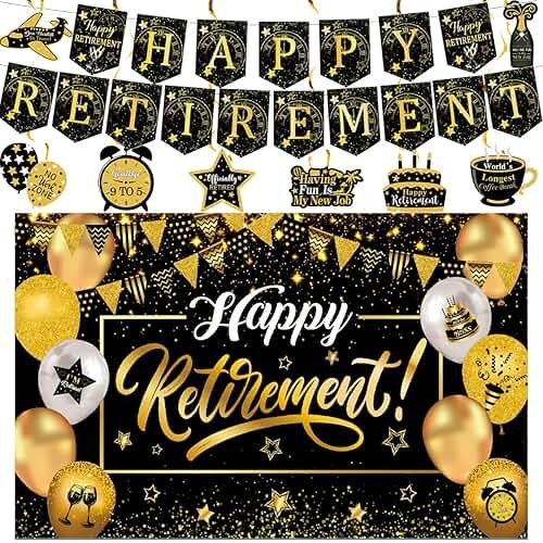Happy Retirement Party Decorations for Men Women, Black and Gold Happy Retirement Banner, 71x43 Inch Retired Backdrop, 8pcs Hanging Swirls, Farewell Party Supplies - Product Image