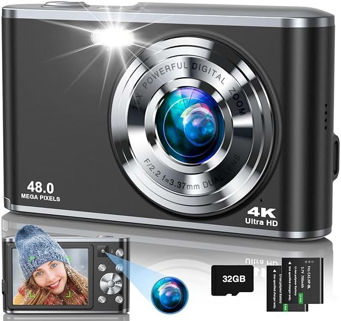 4K Digital Camera, 48MP Autofocus Camera Selfie with Front and Rear Dual Lenses, 32GB Card, 2 Batteries, 16X Digital Zoom, Compact Travel Vlogging Video Camera Gift for Kid Teen Beginner(Black) - Product Image