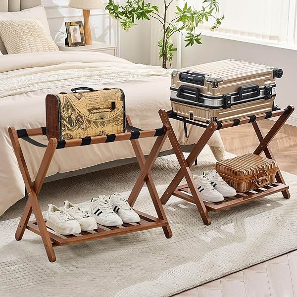oakvivo Fully Assembled Walnut Luggage Racks Set of 2, Bamboo Luggage Rack Stand for Guest Room, 5 Nylon Straps, 26.77" Folding Suitcase Stand with Storage Shelf for Bedroom Hotel, Holds up to 165 Lbs - Product Image