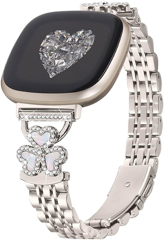 YouthRun Bling Love Clover Bands For Women Compatible With Versa 4/Versa 3/Sense 2/Sense Stainless Steel Adjustable Replacement Strap. - Product Image