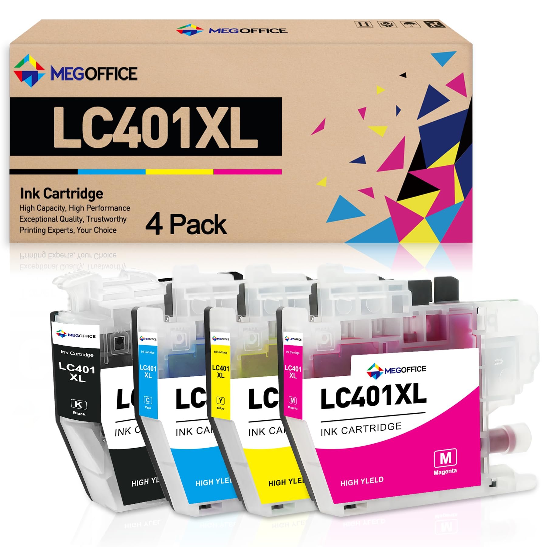 MEGOFFICE Compatible Ink Cartridge Replacement for Brother LC401XL Ink Cartridges LC401 LC 401 XL High Yield for Brother MFC-J1010DW MFC-J1012DW MFC-J1170DW Printer (4 Pack，Black Cyan Magenta Yellow) - Product Image
