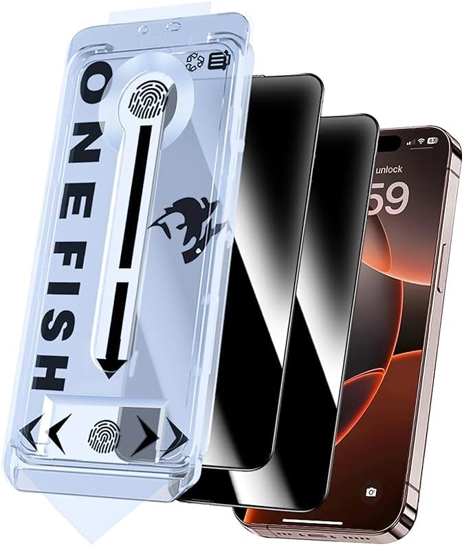 OneFish Screen Protector Privacy for iphone 13 Pro Max/14 Plus, Anti Spy Private Tempered Glass Edge Protection, Dynamic Island Compatible with Installation Frame, 9H Glass Scratch Resistant, 2Pack - Product Image