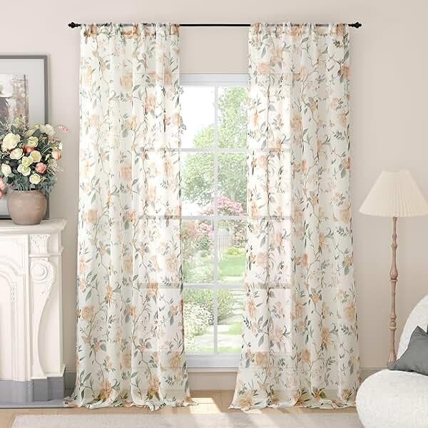 Lajode Floral Sheer Curtains for Living Room Window, Country Patterned Light Filtering Airy Farmhouse Semi Sheer Faux Linen Curtains for Bedroom 84 Inch Length 2 Panels Each 52 Inch Wide, Champagne - Product Image