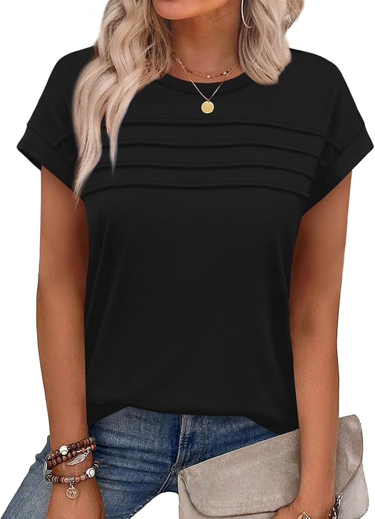WEESO Womens Summer Tops Trendy 2026 Cap Sleeve T Shirts Crew Neck Pleated Front Beach Vacation Clothes Fashion - Product Image