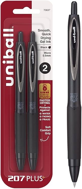 Uni-Ball 207+ Black Retractable Gel Pens 2 Pack with Micro 0.5mm Points, Fraud Proof Office, Nursing, Business, School, Bible Pens - Product Image