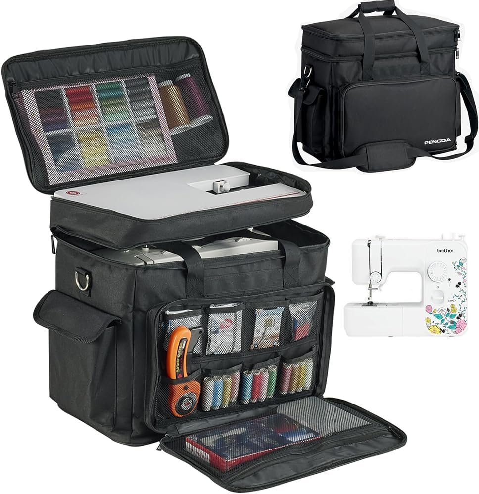 PENGDA 2 Layer Sewing Machine Case with Adjustable Shoulder Strap Sewing Machine Carrying Case Universal Tote Bag for Sewing Machine and Sewing Accessories Storage Black - Product Image