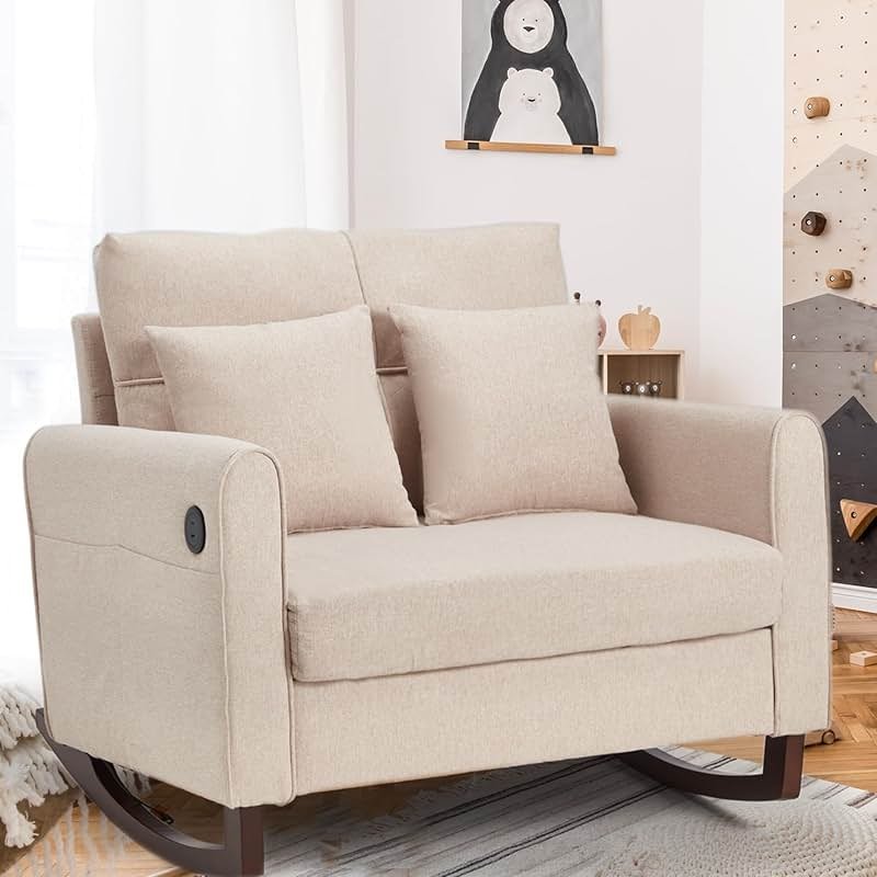 HOMREST Upholstered Oversize Rocking Chair, Nursery Rocking Chair with High Back and Side Pocket USB Port, Double Wide Rocker Armchair with Rubber Wood Legs for Living Room, Bedroom, Nursery, Beige - Product Image