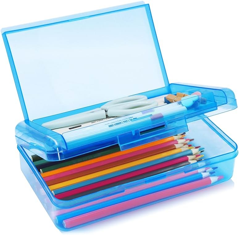 YILANCOL 1 Pack Double Layer Hard Pencil Cases, Plastic Translucent Pencil Box with Snap-Tight Lid for Pens, Pencils, School, Stylish Office Supplies Storage Organizer Box,Medium-sized (Blue) - Product Image