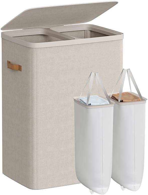 SONGMICS Laundry Basket, 44.9 Gal. Laundry Hamper, 2 Compartments, Easy Assembly, with Lid and Handles, Removable Liners, 22 x 15.7 x 29.5 Inches, Cappuccino Beige ULCB813L01 - Product Image