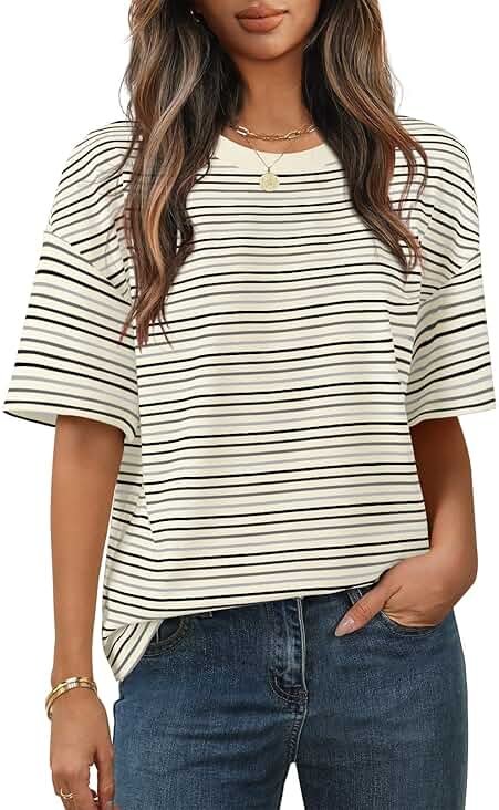 MEROKEETY Women's 2026 Summer Short Sleeve Tops Casual Colourful Striped Crewneck Loose Work T Shirts Blouses - Product Image