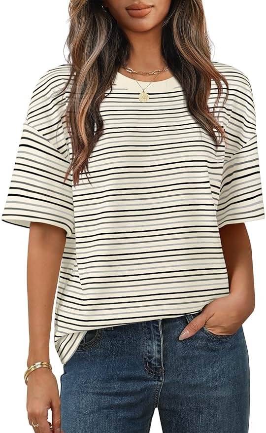 MEROKEETY Women's 2026 Summer Short Sleeve Tops Casual Colourful Striped Crewneck Loose Work T Shirts Blouses - Product Image