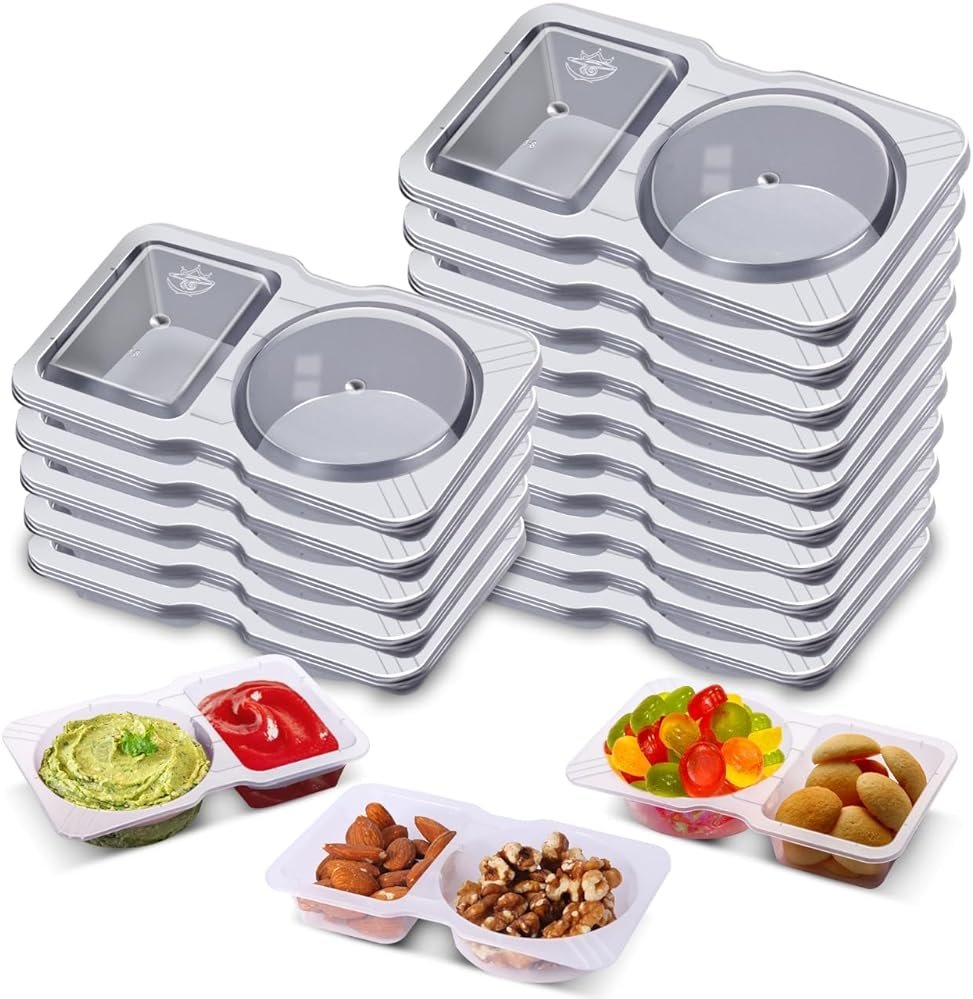 Qewro 15 Sets Snack Containers, Reusable Double Compartment Condiment With Lids 2 Portion Snack Containers Sauces Dip, Disposable Box to Grab and Go with Prep For Adults, On The Go For Kids - Product Image