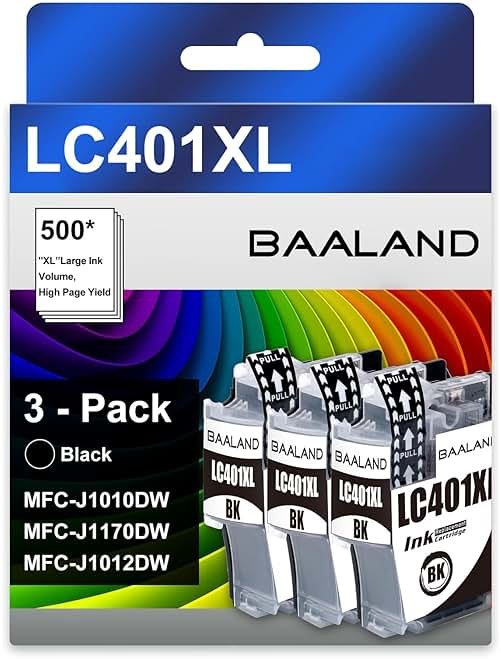 BAALAND LC401XL Black Ink Cartridges Replacement for Brother LC401 Ink LC401XLBK (2.5X LC401BK Standard Page Yield) for Brother MFC-J1010DW MFC-J1012DW MFC-J1170DW (LC401XL Black Ink 3-Pack) - Product Image