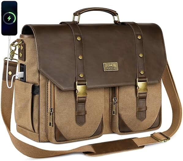 MATEIN Vintage Messenger Bag with USB Charging Port & RFID Blocking Pocket, 15.6 inch Laptop Bag Canvas PU Leather Men Briefcase, Water Resistant Computer Satchel Crossbody for Work Commuting, Brown - Product Image
