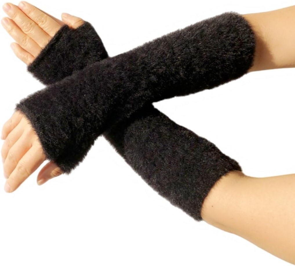 Dressica Women Arm Warmers Knit Mitten Mink-Like Furry Fingerless Gloves with Thumb Hole Soft Y2K Wrist Warmers Sleeve - Product Image