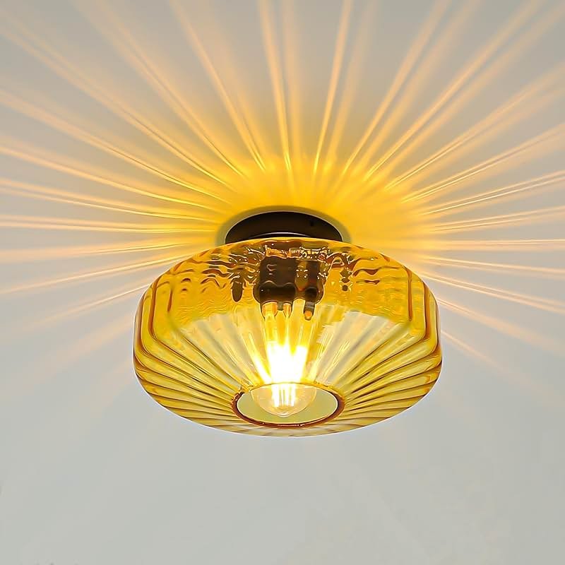 FCTWAKS Semi Flush Mount Ceiling Light, 11.8" Mid Century Modern 1-Light Close to Ceiling Light Fixtures with Drum Amber Glass Shade for Bedroom Entryway Hallway Porch Foyer - Product Image