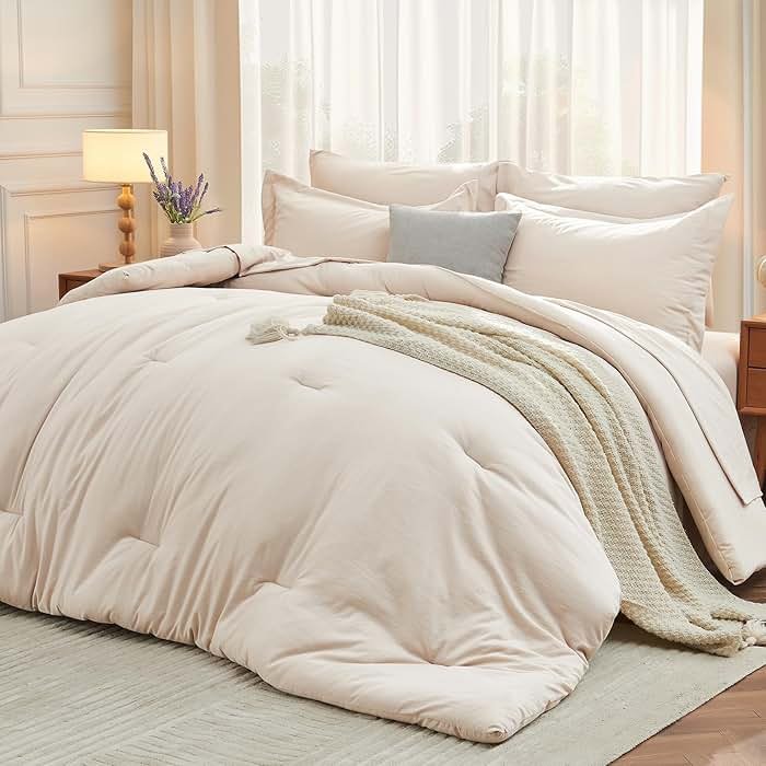 MUXHOMO 7 Pieces Queen Comforter Set, Soft Bed in a Bag Queen Size, All Season Bedding Set with Comforter, Flat Sheet, Fitted Sheet, Pillowcases & Shams, Beige - Product Image