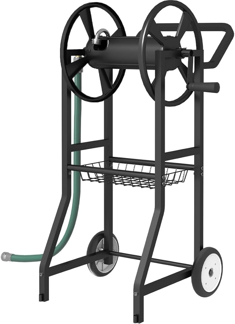 Artigarden Garden Hose Reel Cart with Wheels, Outdoor Heavy Duty Powder Coated Steel Water Winder Storage Holds 125 ft 5/8" Hoses with 3.9ft Leader Hose and Basket for Backyard, Yard, Lawn, Black - Product Image