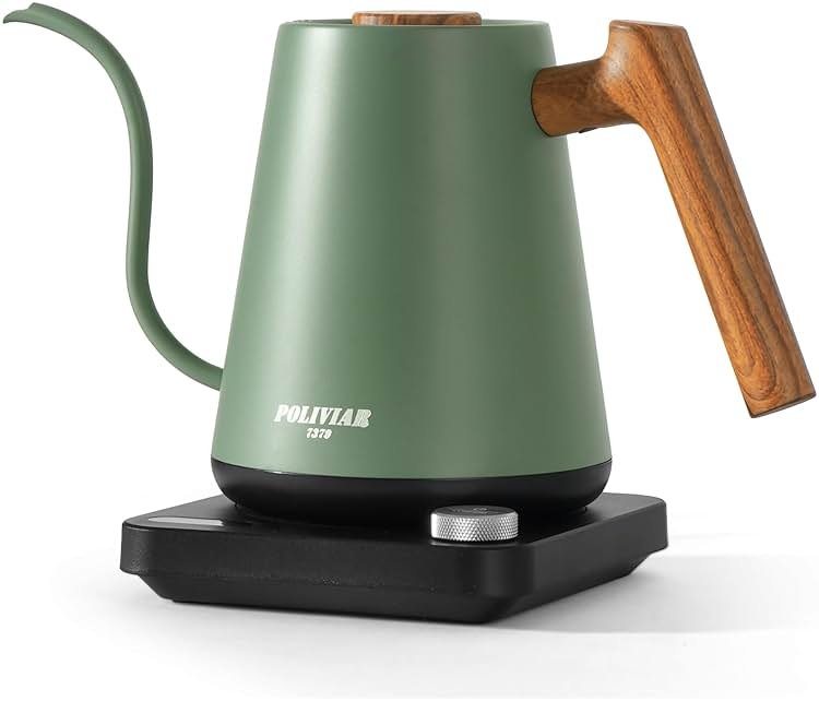 POLIVIAR Electric Gooseneck Kettle, 1350W Electric Tea Kettle Wood Pattern Handle, 34oz Pour Over Electric Kettle for Coffee & Tea, 18/8 Stainless Steel Inner, Temperature Control & Rapid Heating - Product Image