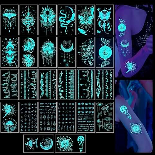 Luvsweets Boho Mystic Temporary Tattoo - 26 Sheets Butterfly Glow In The Dark Temporary Tattoos for Women Adult, Glitter Fake Tattoo Stickers, Party Decorations Supplies Favors - Product Image