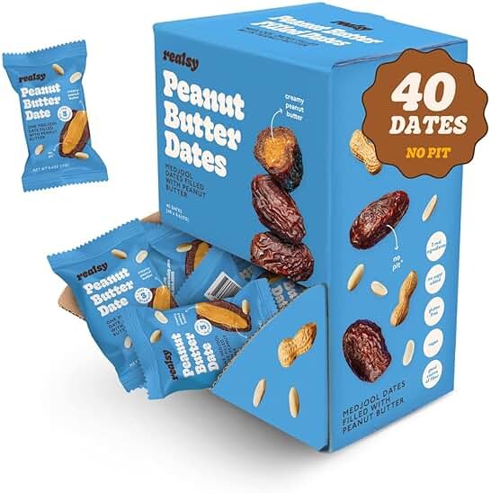 Realsy Stuffed Medjool Dates, Organic Dates with No Sugar Added, Gluten-Free, Vegan, All Natural Healthy Snack, Single Wrapped (40 ct) (Peanut Butter) - Product Image