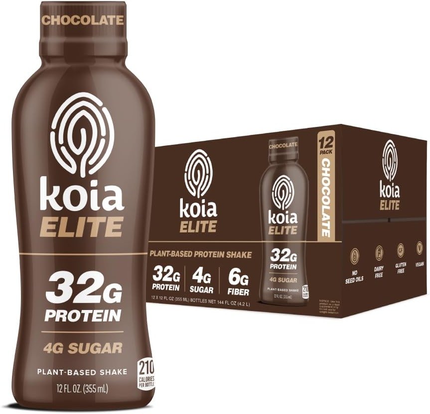 Koia Elite Plant Based Protein Shake, Chocolate, 32g Protein, 4g Sugar, 6g Prebiotic Fiber, Pre & Post Workout Nutritional Drink, No Seed Oils, Dairy-Free, Gluten-Free, Non-GMO, 12 Fl Oz (Pack of 12) - Product Image