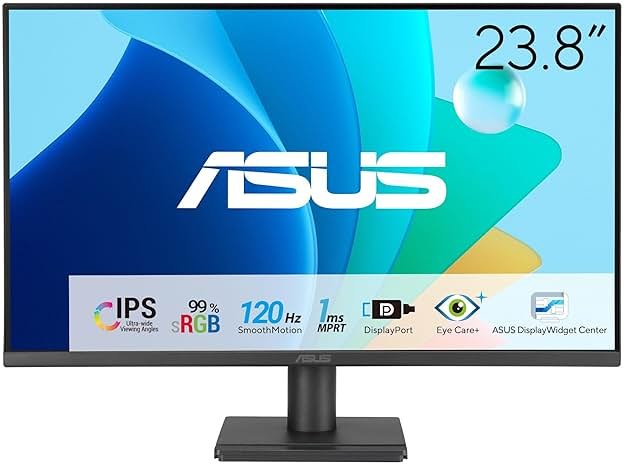 ASUS 24” 1080P Computer Monitor (VA249QG) – IPS, Full HD, 120Hz, 1ms, Adaptive-Sync, 99% sRGB, Speakers, HDMI, DisplayPort, VGA, Low Blue Light, Flicker-Free, VESA Mountable, 3yr Warranty - Product Image