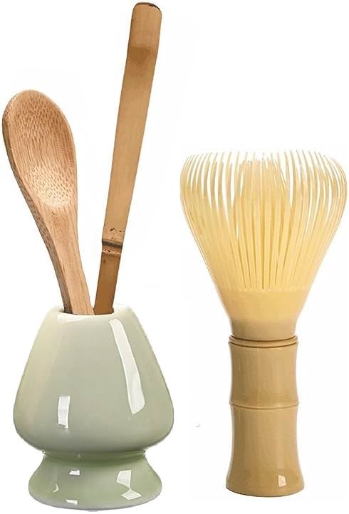Matcha Whisk Set, Japanese Tea Set (4pcs) includes PP Resin Matcha Whisk, Bamboo Spoon, Scoop and Ceramic Holder, Tea Making Tools, Matcha Kit, Ceremony Gift (Green) - Product Image