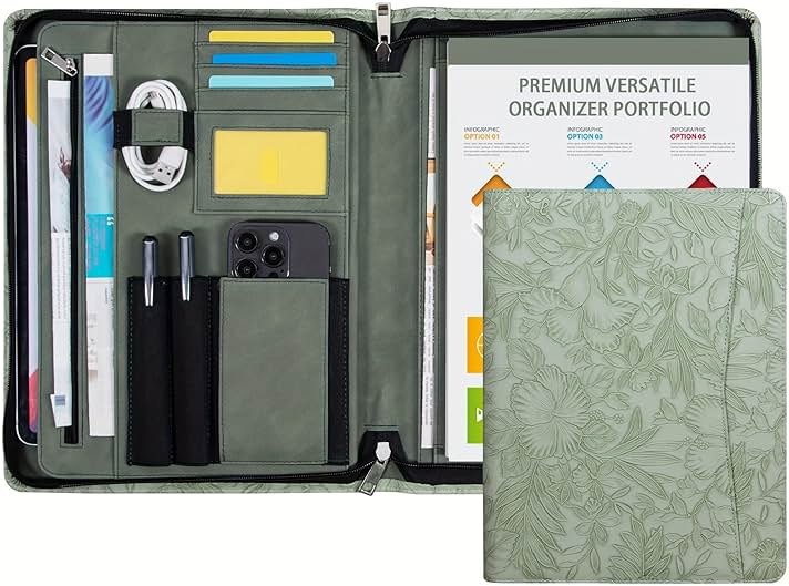 Embossed Vegan Leather Portfolio for Women,Professional Organize Padfolio with A4 Notepad Holder,Professional Business Document Organizer for Women (Light Green) - Product Image