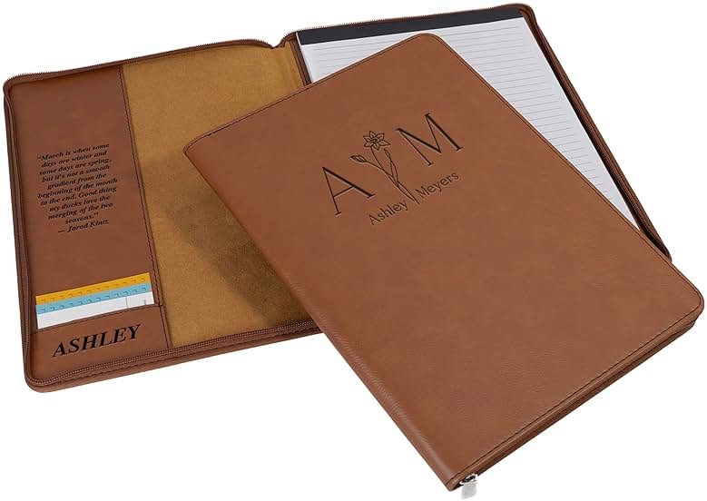 Personalized Birth Month Flower Padfolio for Women, Custom Engraved Leather Portfolio for Her, 7 Colors - A4 or A5 Sizes, Personalized Gifts for Women, College Students, Birthday Gifts for Women - Product Image