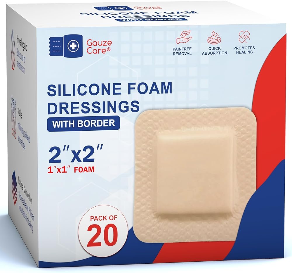 GauzeCare Silicone Foam Dressing 2x2 (Pack of 20) – Waterproof Wound Bandages with Adhesive Border, Self-Adhesive and Highly Absorbent Silicone Bandages for Effective Wound Care - Product Image